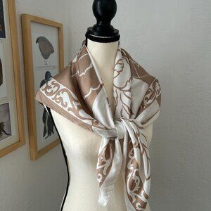 Oscar de la Renta Silk Scarf Coffee and Cream 34 inch square flower print